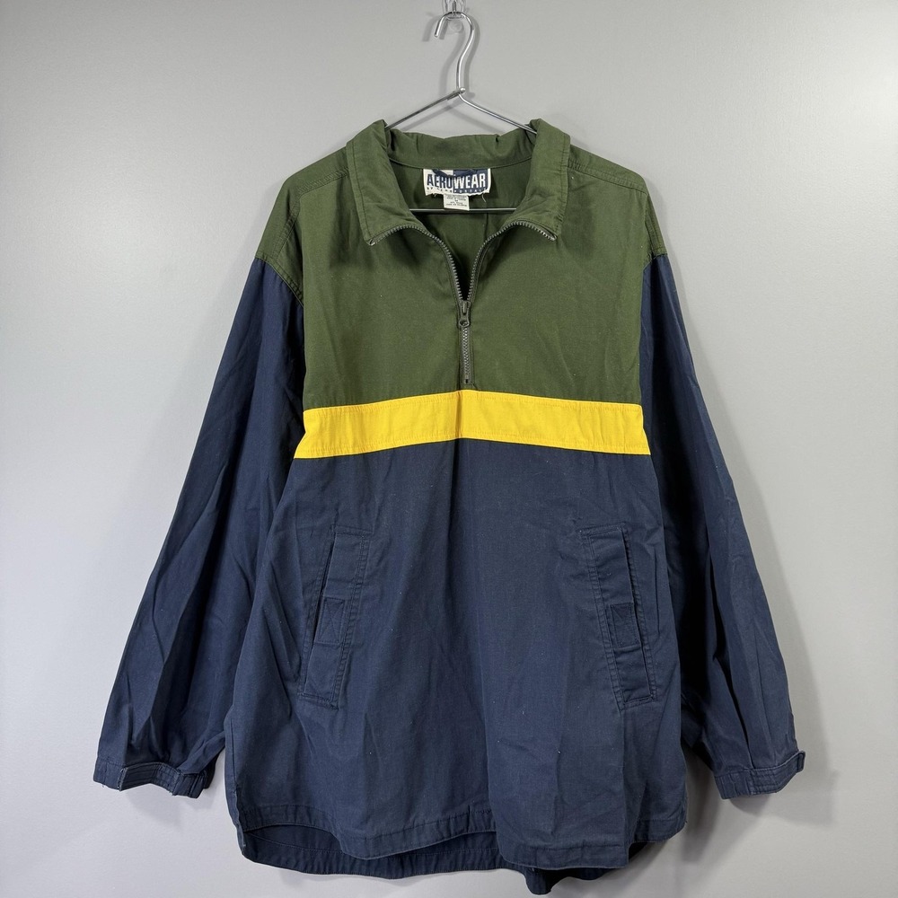 Y2K Aeropostale Jacket Mens Medium Green Navy Colorblock 1/4 Zip Pullover Anorak